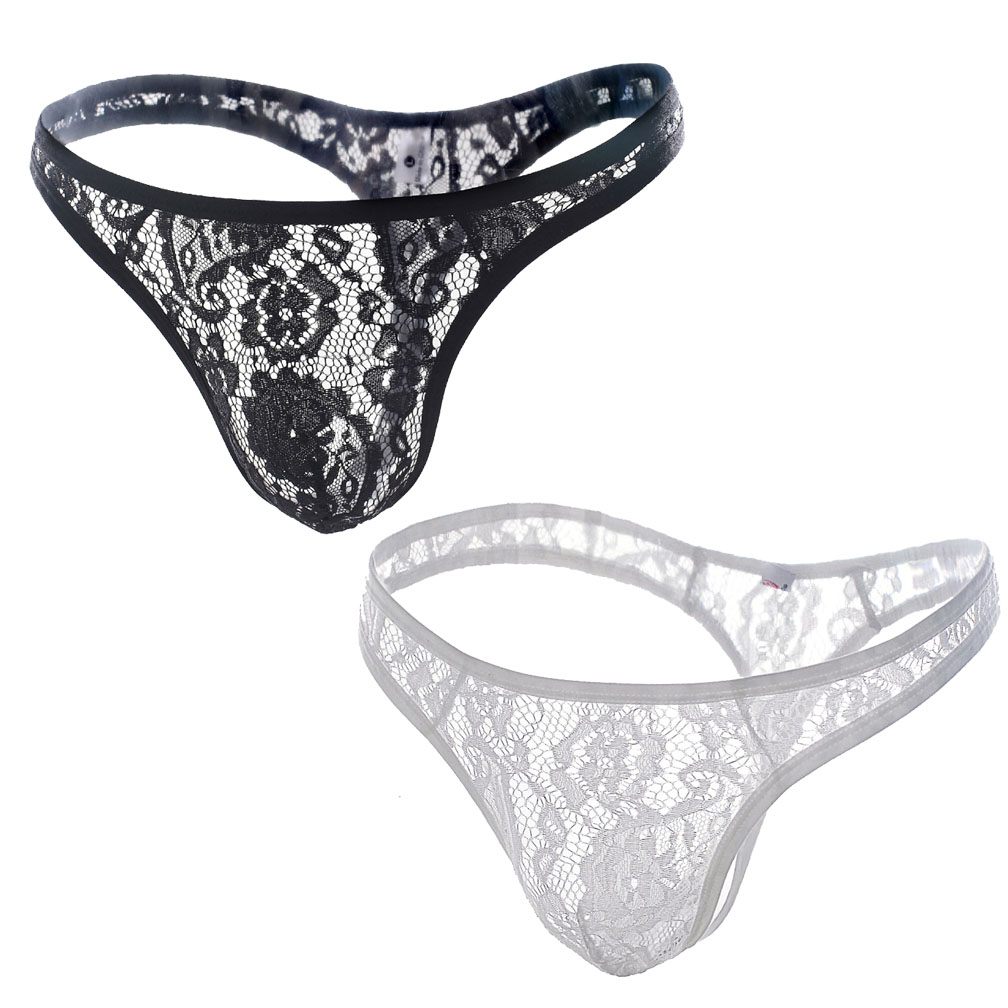 Men&apos;s 2 Colors Pack Sexy Brief Cool Lace Thong Mesh G-Strings Bikini Underwear Gift For Boyfriend