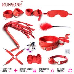 10pcs Pack Bondage Restraints BDSM Adult Sex Toys PU Leather Fetish Set Role Play Bed Game for Women Men Couples red as picture