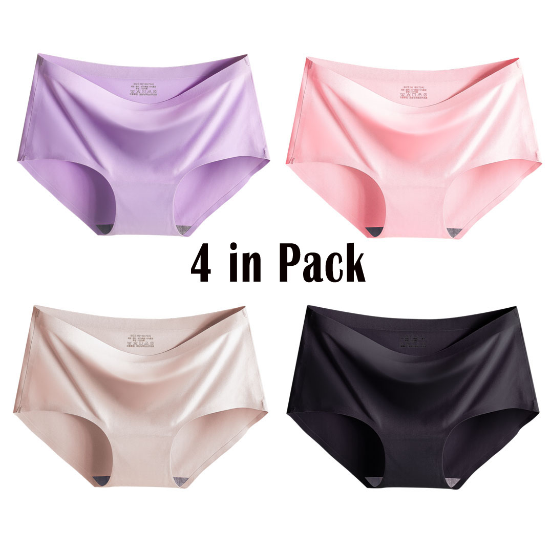 Women&apos;s 4in1 Ice Silk Seamless Underwear Mid Waist Full Coverage Invisible Panties Lingerie