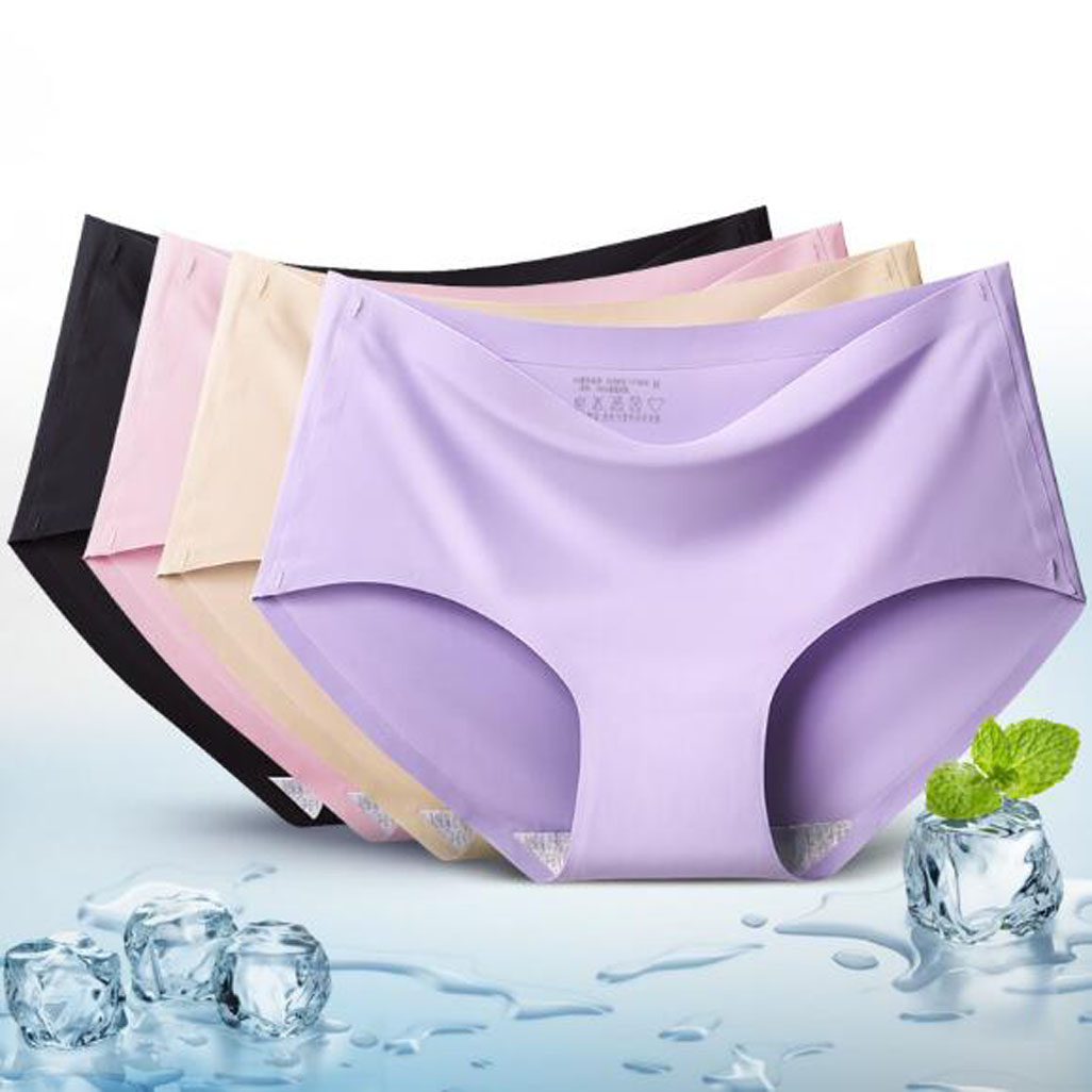 Women&apos;s 4in1 Ice Silk Seamless Underwear Mid Waist Full Coverage Invisible Panties Lingerie