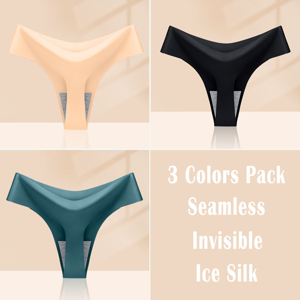 Women&apos;s 3 Colors Pack Ice Silk Seamless Thong Underwear Low Waist Invisible Panties Lingerie Brief