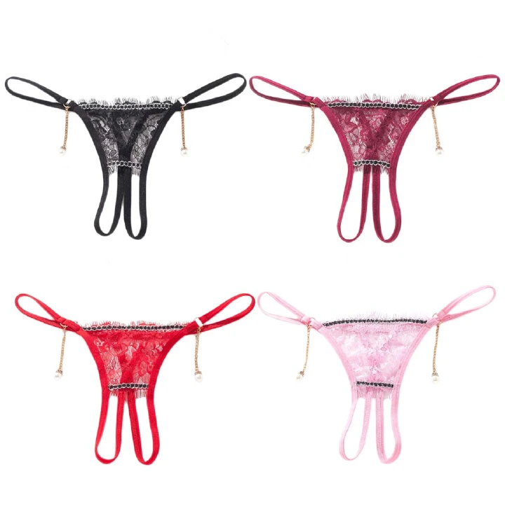 Women 4in1 Pack Sexy Lace Crotchless Brief G-String Lingerie See Through Underwear Thong Cute Breathable Panties Clothing Dresses Perfect Sex Gift For Girlfriend Wife
