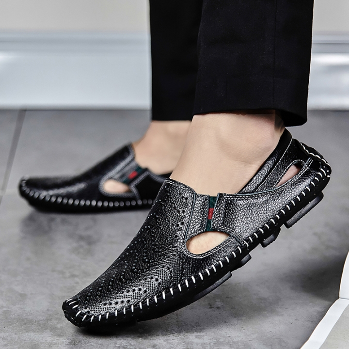 Big Size Men Driving Shoes Genuine Leather Hollow Quality Peas Shoes Soft Men Comfortable Loafers