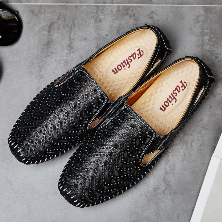 Big Size Men Driving Shoes Genuine Leather Hollow Quality Peas Shoes Soft Men Comfortable Loafers