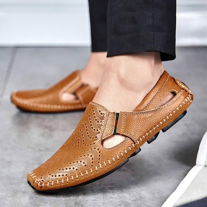 Big Size Men Driving Shoes Genuine Leather Hollow Quality Peas Shoes Soft Men Comfortable Loafers