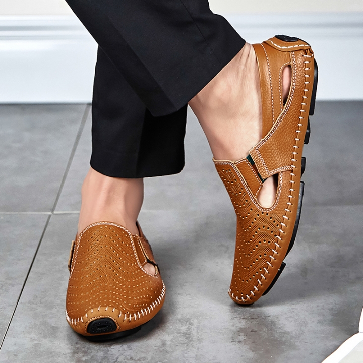 Big Size Men Driving Shoes Genuine Leather Hollow Quality Peas Shoes Soft Men Comfortable Loafers