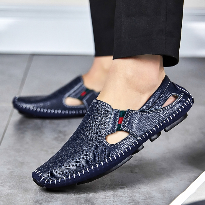 Big Size Men Driving Shoes Genuine Leather Hollow Quality Peas Shoes Soft Men Comfortable Loafers