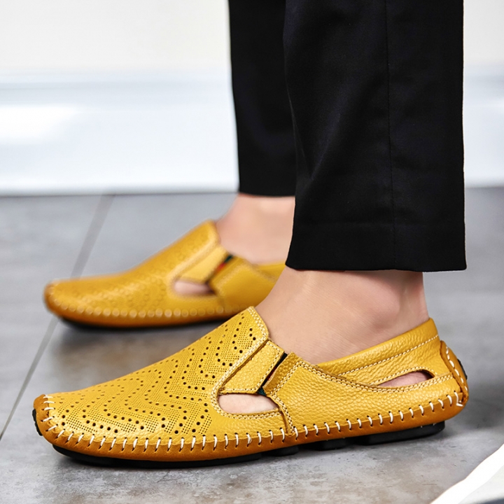 Big Size Men Driving Shoes Genuine Leather Hollow Quality Peas Shoes Soft Men Comfortable Loafers