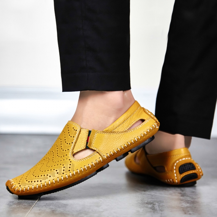 Big Size Men Driving Shoes Genuine Leather Hollow Quality Peas Shoes Soft Men Comfortable Loafers