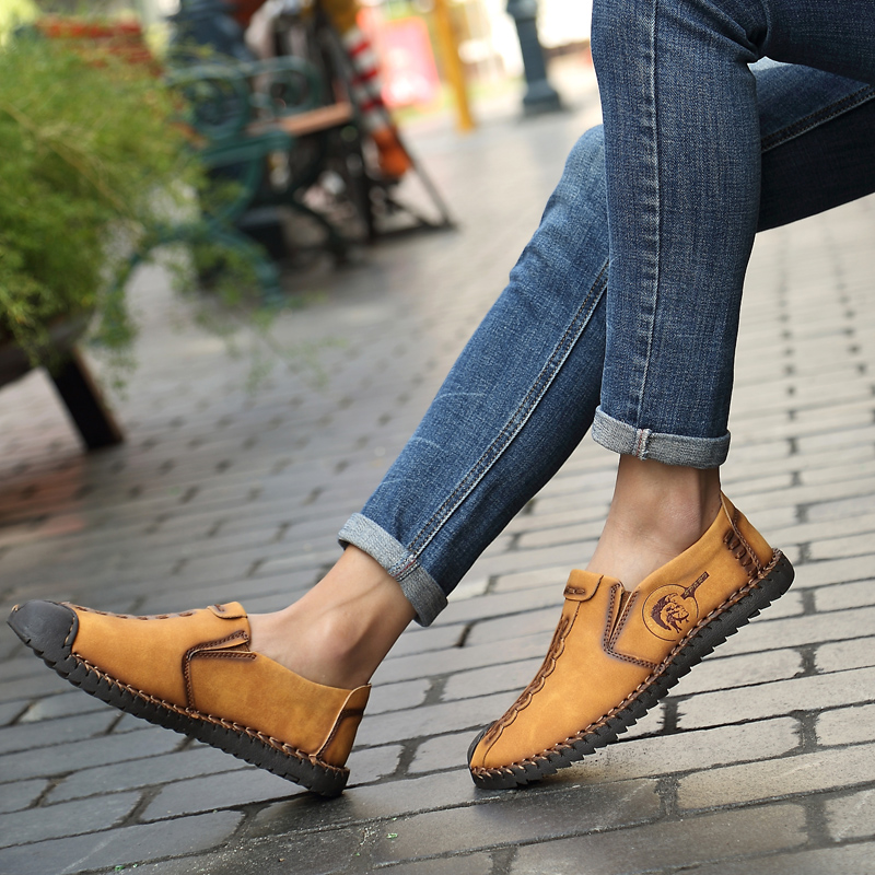 Men Handmade Leisure Leather Shoes Comfortable Rubber Sole Shoes Non-slip Plus Size Work Shoes