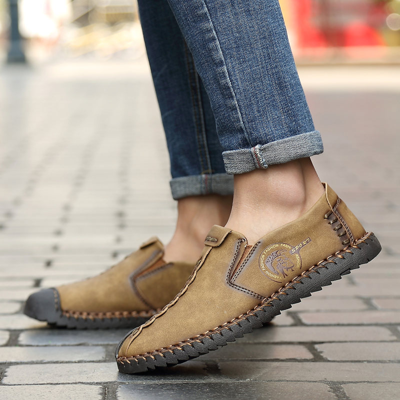 Men Handmade Leisure Leather Shoes Comfortable Rubber Sole Shoes Non-slip Plus Size Work Shoes