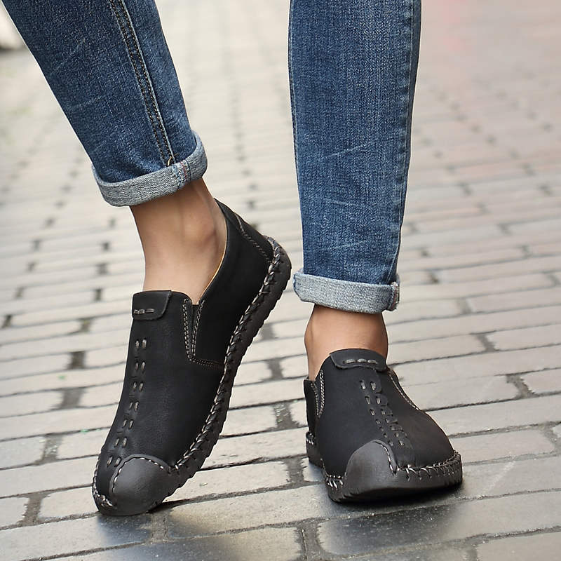 Men Handmade Leisure Leather Shoes Comfortable Rubber Sole Shoes Non-slip Plus Size Work Shoes