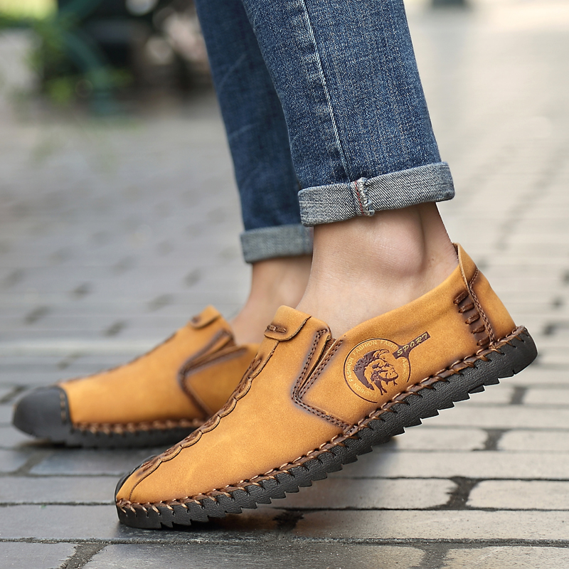 Men Handmade Leisure Leather Shoes Comfortable Rubber Sole Shoes Non-slip Plus Size Work Shoes