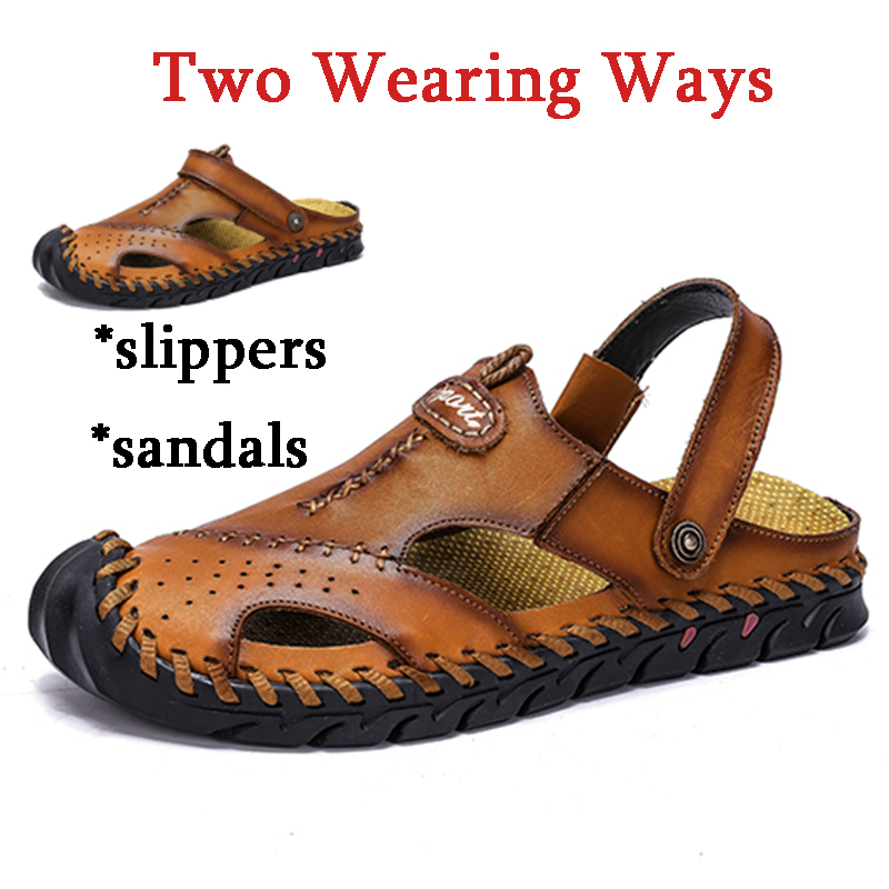 Men Genuine Leather Sandals Casual Walking Beach Sandal Leisure Outdoor Breathable Slipper Plus Size