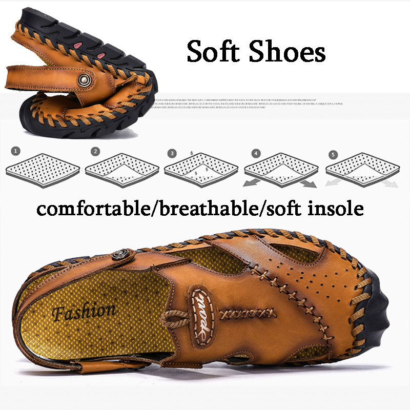 Men Genuine Leather Sandals Casual Walking Beach Sandal Leisure Outdoor Breathable Slipper Plus Size