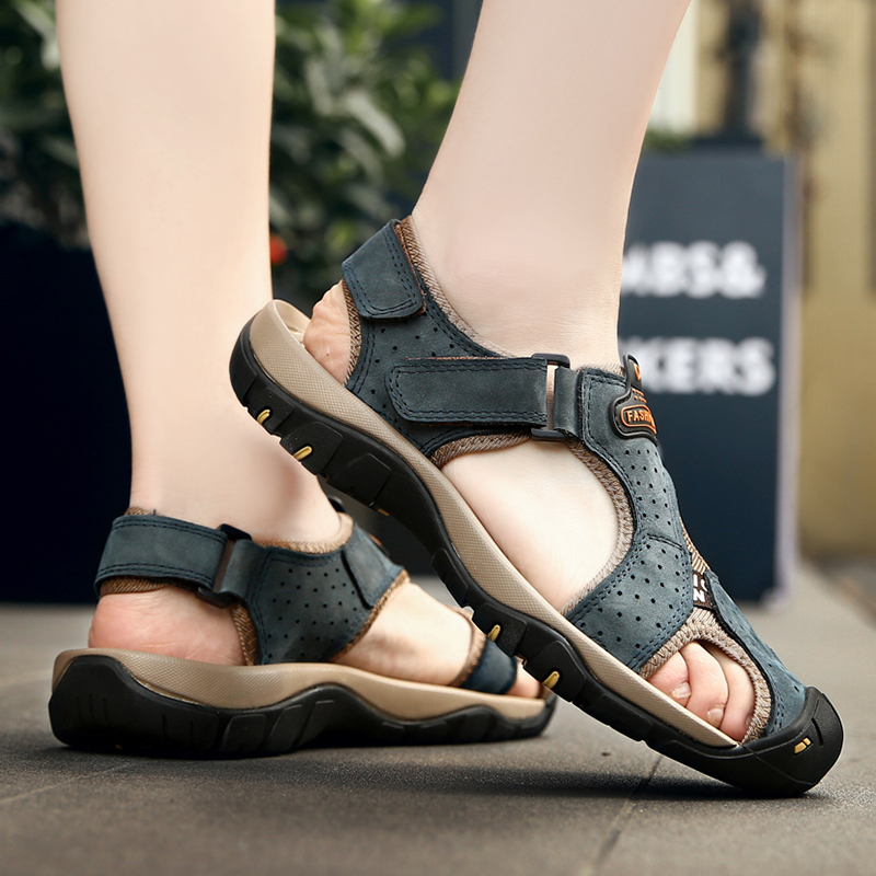 Men Genuine Leather Sandals Casual Outdoor Trekking Shoes Sport Breathable Soft Rubber Sole Sandals