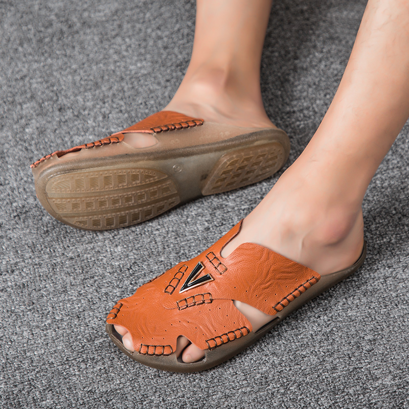 Men Soft Genuine Leather Sandals Plus Size Comfortable Walking Shoes Slip-on Leisure Shoes