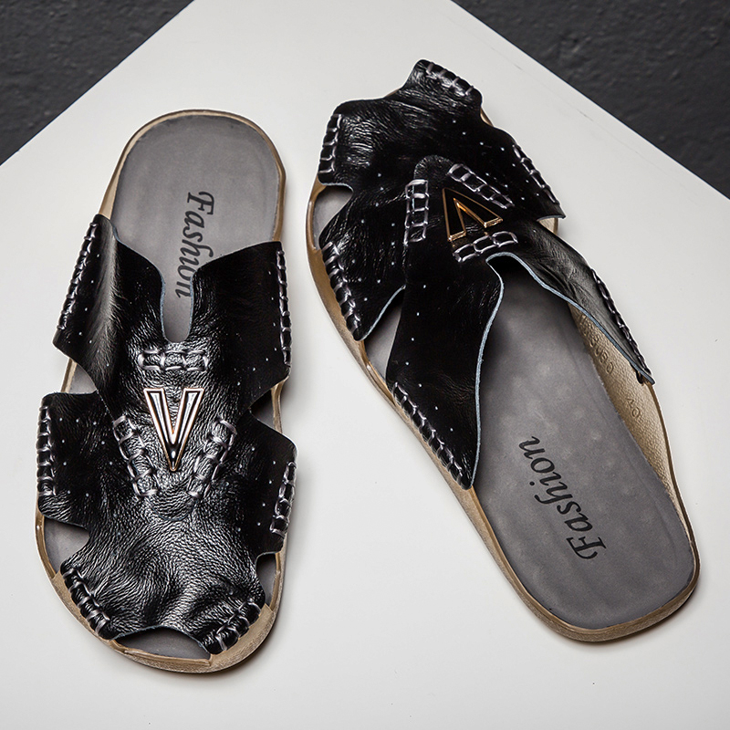 Men Soft Genuine Leather Sandals Plus Size Comfortable Walking Shoes Slip-on Leisure Shoes