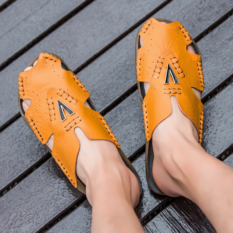 Men Soft Genuine Leather Sandals Plus Size Comfortable Walking Shoes Slip-on Leisure Shoes