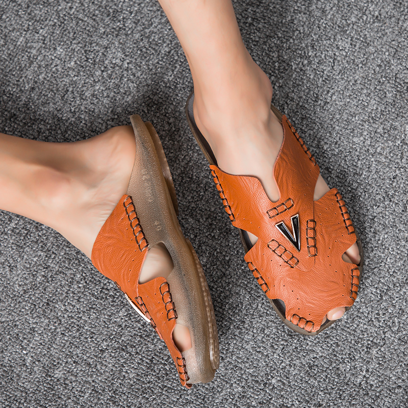 Men Soft Genuine Leather Sandals Plus Size Comfortable Walking Shoes Slip-on Leisure Shoes
