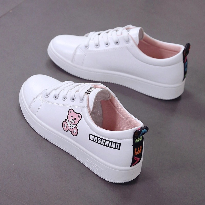 PNR women&apos;s white shoes printed cartoon student board shoes breathable sneakers leather casual shoes