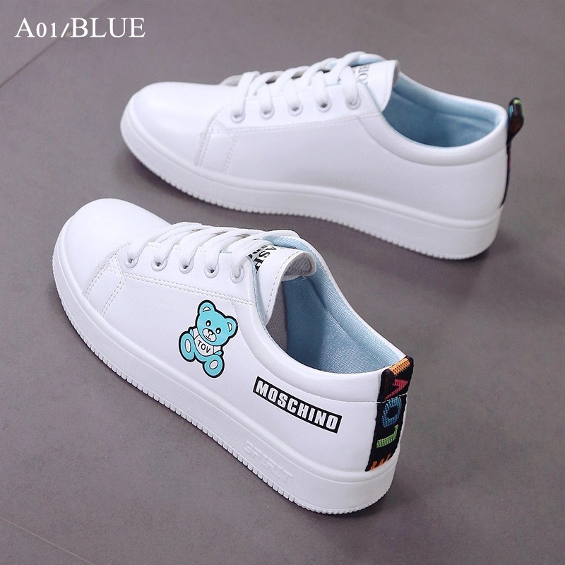 PNR women&apos;s white shoes printed cartoon student board shoes breathable sneakers leather casual shoes