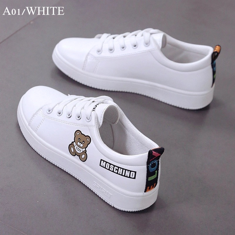 PNR women&apos;s white shoes printed cartoon student board shoes breathable sneakers leather casual shoes