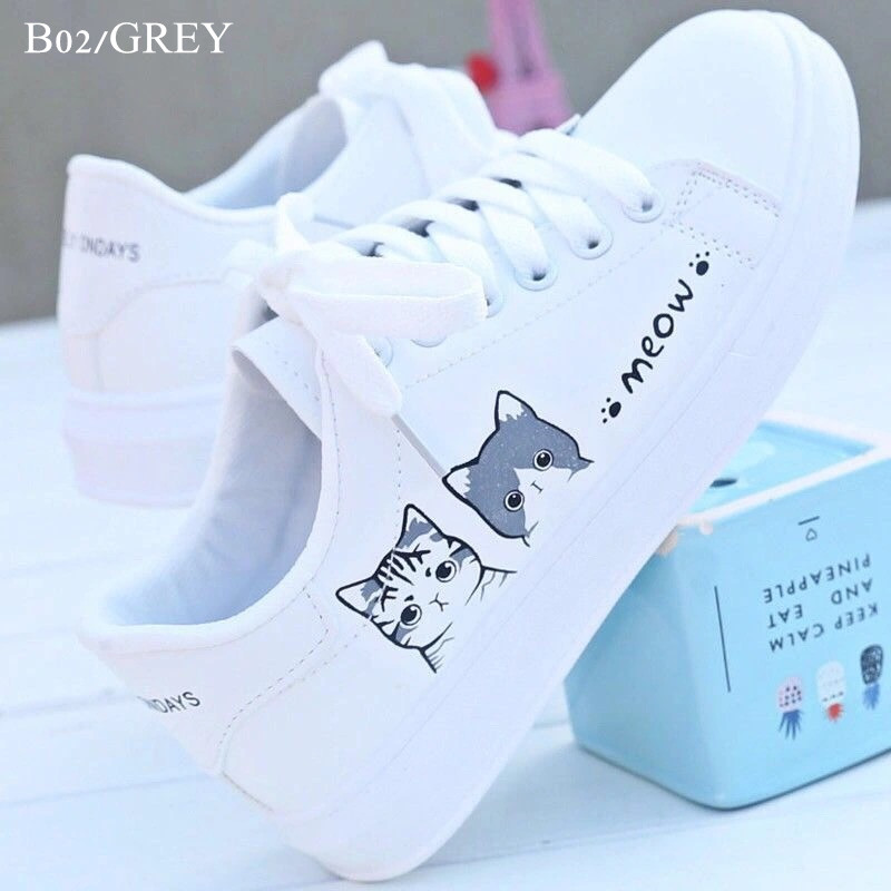 PNR women&apos;s white shoes printed cartoon student board shoes breathable sneakers leather casual shoes
