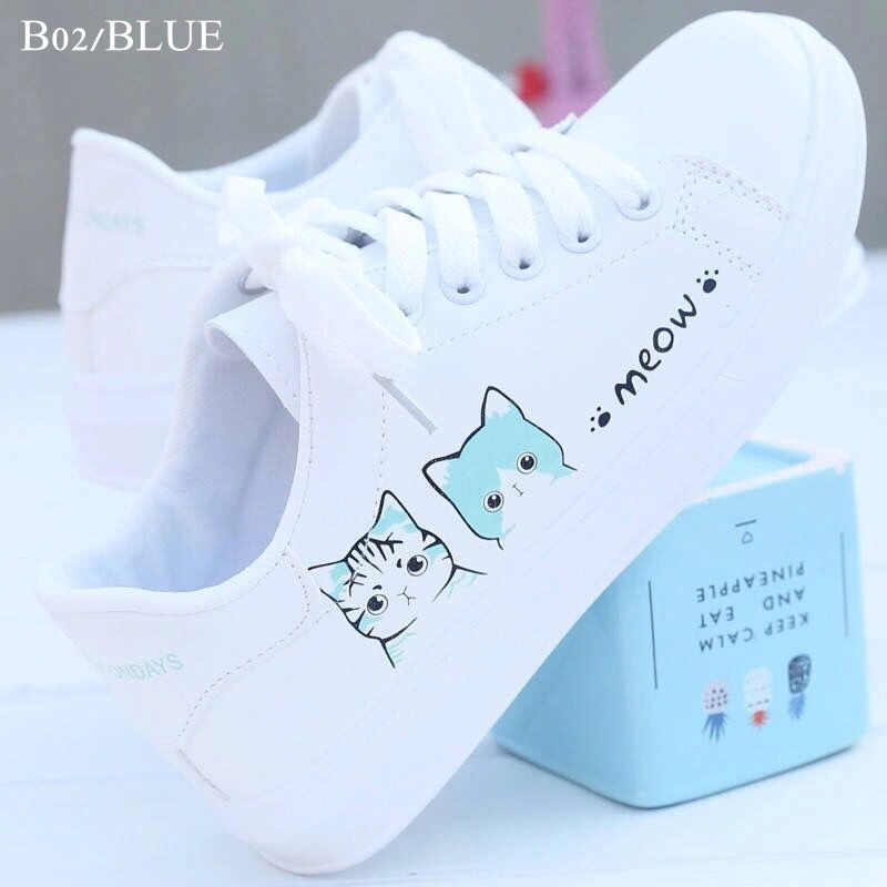 PNR women&apos;s white shoes printed cartoon student board shoes breathable sneakers leather casual shoes