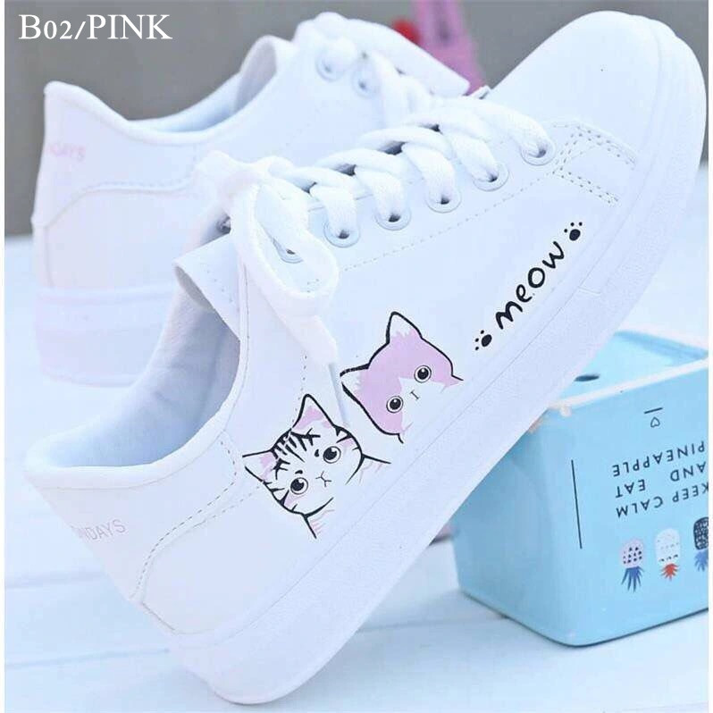 PNR women&apos;s white shoes printed cartoon student board shoes breathable sneakers leather casual shoes