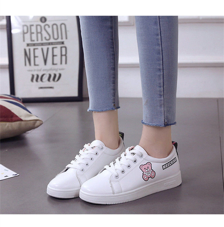 PNR women&apos;s white shoes printed cartoon student board shoes breathable sneakers leather casual shoes