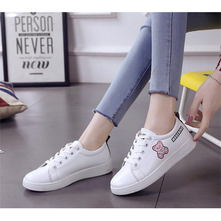 PNR women&apos;s white shoes printed cartoon student board shoes breathable sneakers leather casual shoes