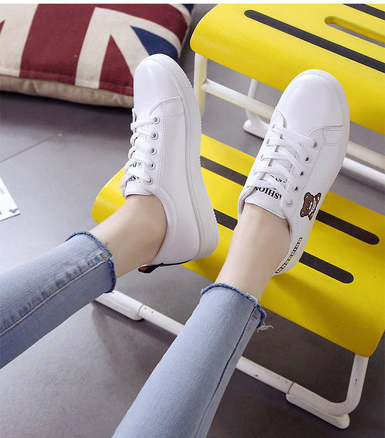 PNR women&apos;s white shoes printed cartoon student board shoes breathable sneakers leather casual shoes