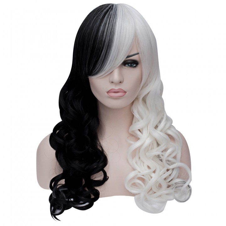 Women Sexy Long Curly Black White Full Wigs Synthe