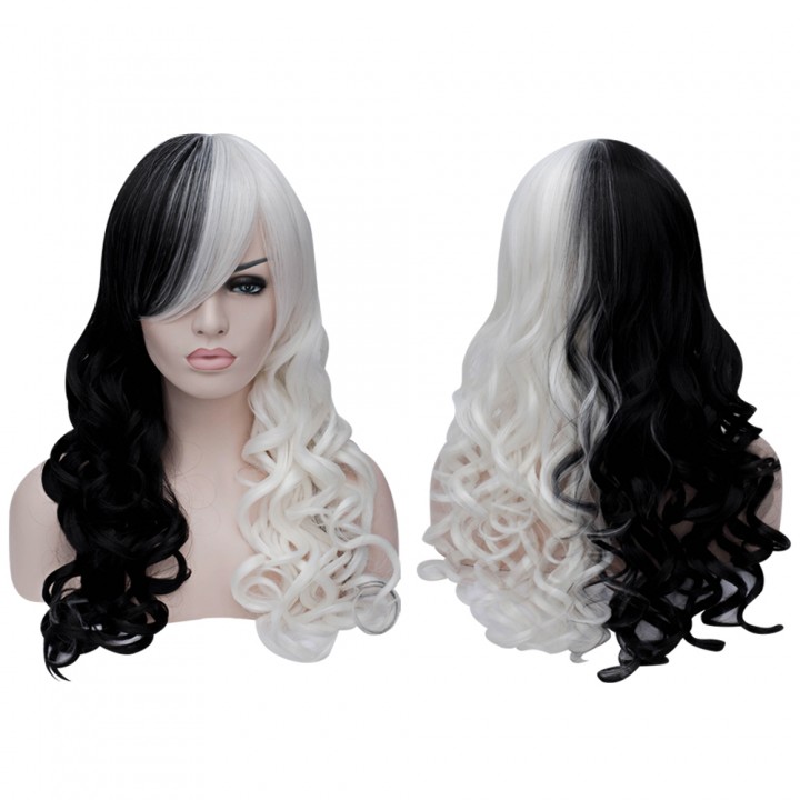 Women Sexy Long Curly Black White Full Wigs Synthe