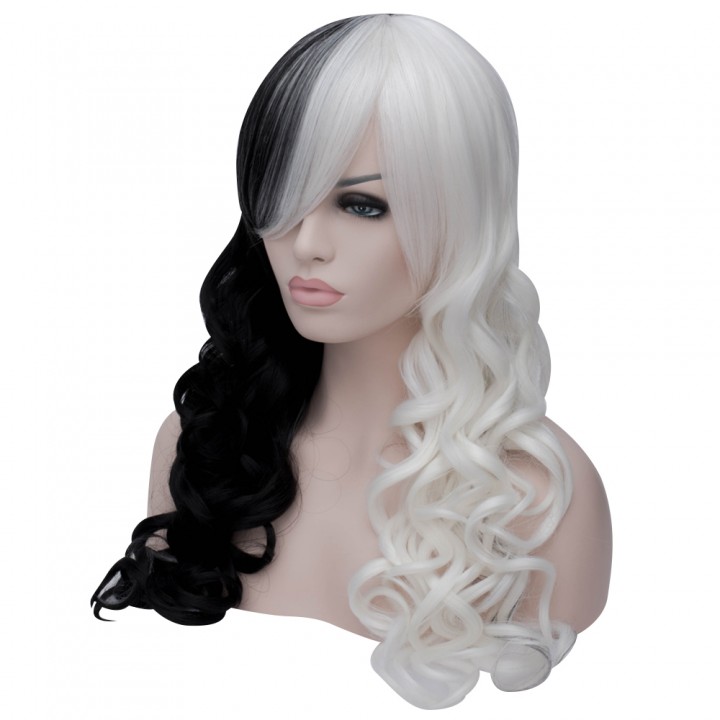 Women Sexy Long Curly Black White Full Wigs Synthe