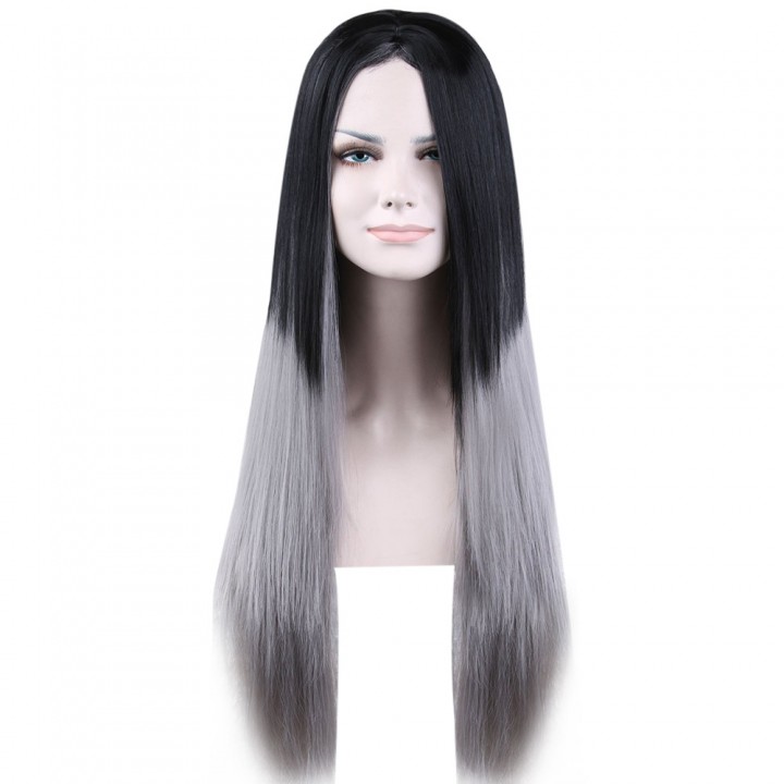 Women Long Straight Ombre Grey Full Wigs Heat Resi