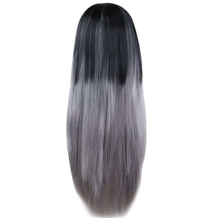 Women Long Straight Ombre Grey Full Wigs Heat Resi