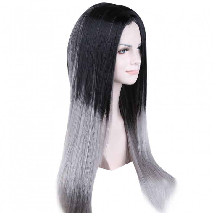 Women Long Straight Ombre Grey Full Wigs Heat Resi