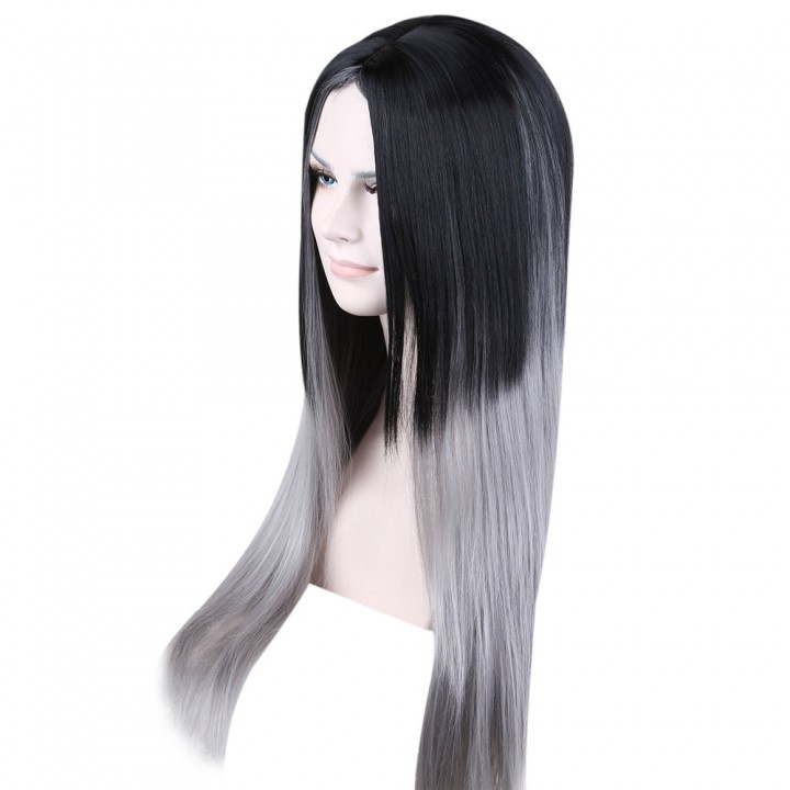 Women Long Straight Ombre Grey Full Wigs Heat Resi
