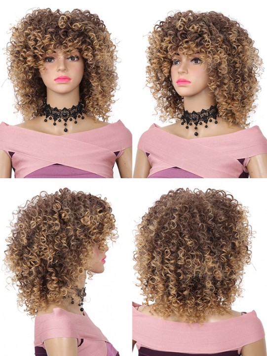 Medium Full Bang Fluffy Kinky Curly Synthetic Wig