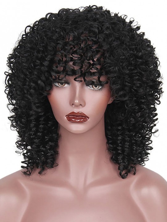 Medium Neat Bang Afro Kinky Curly Synthetic Wig