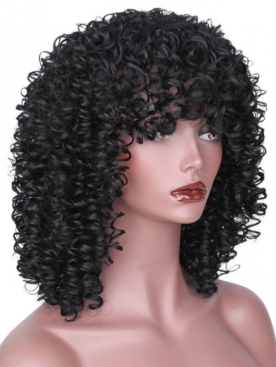Medium Neat Bang Afro Kinky Curly Synthetic Wig