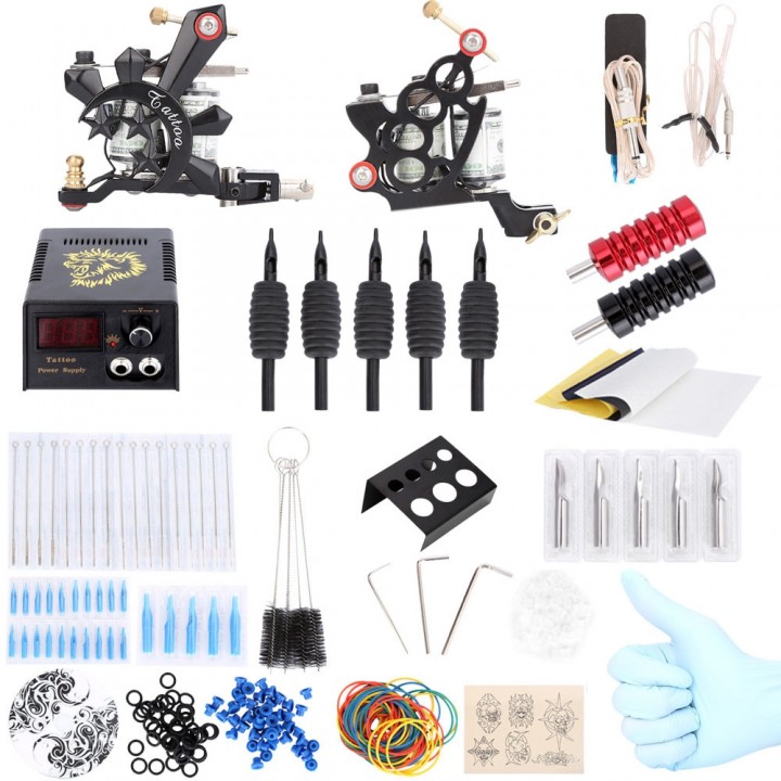 Complete Tattoo Kit Power Supply Tips 2 Machine Gu