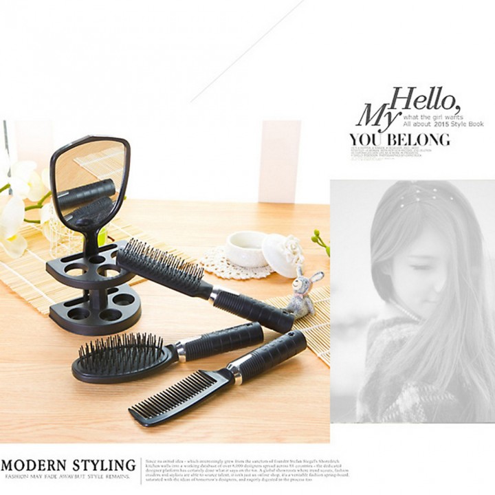 Plastic Salon Hair Comb And Mirror Set Hair Brush Massage Comb Mirror Holder