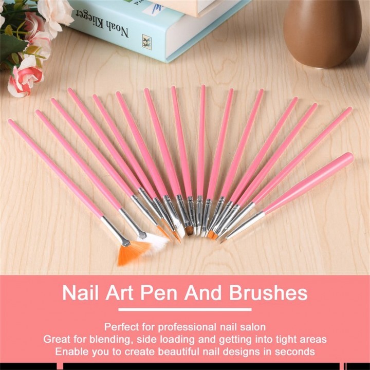 15Pcs Cosmetic Nail Art Polish Painting Draw Pen Brush Tips Tools Set UV Gel