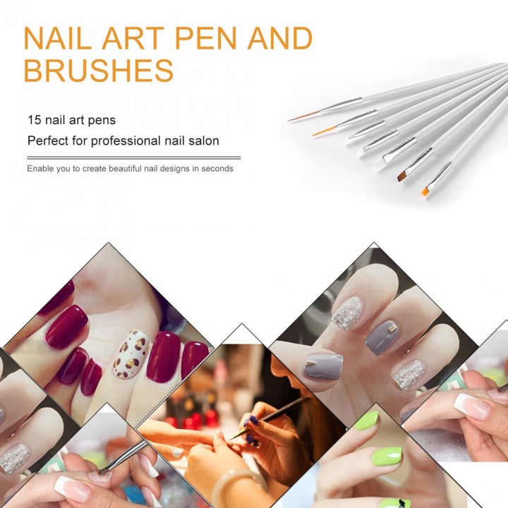 15Pcs Cosmetic Nail Art Polish Painting Draw Pen Brush Tips Tools Set UV Gel