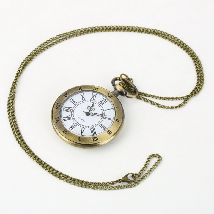 Antique Bronze Roman Numerals Chain Necklace Pendant Quartz Pocket Watch