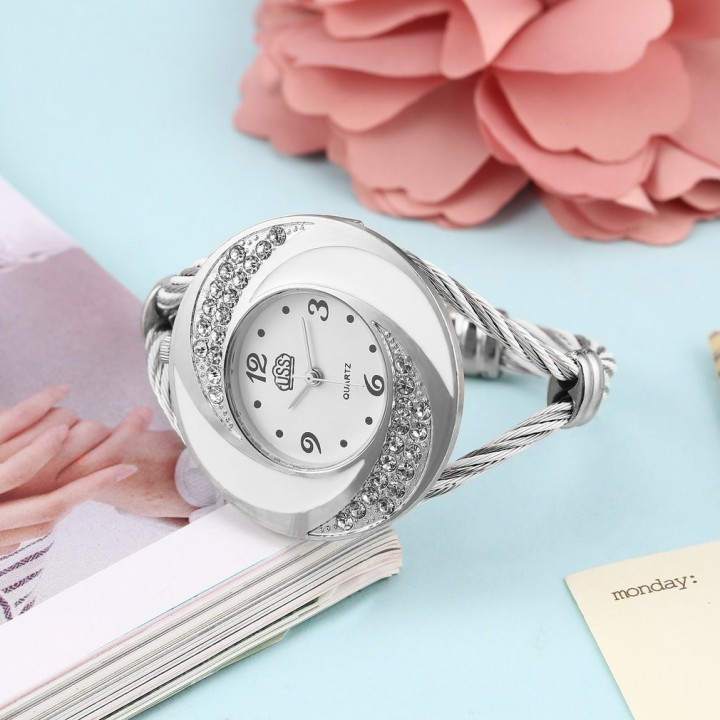 Women Steel Bangle Wrist Crystal Round Dial Analog Digital Bracelet Watch