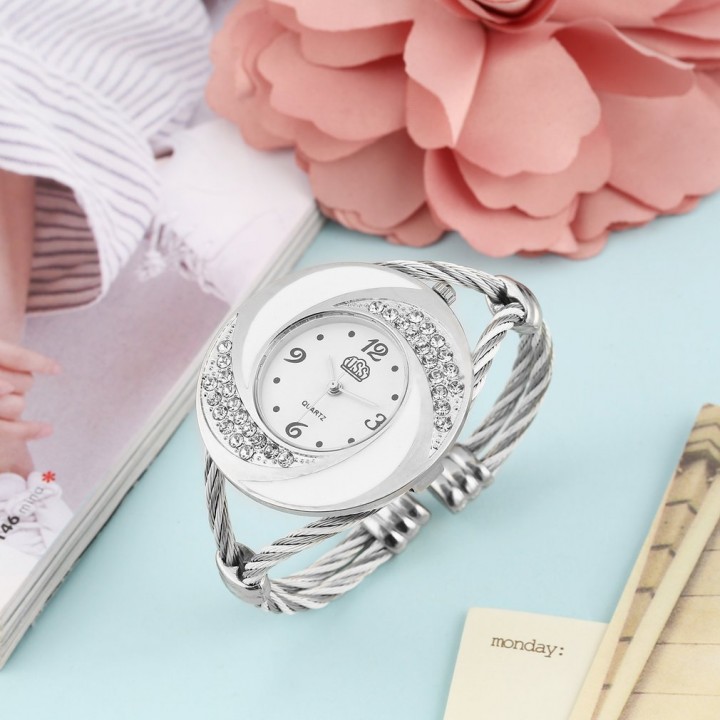 Women Steel Bangle Wrist Crystal Round Dial Analog Digital Bracelet Watch